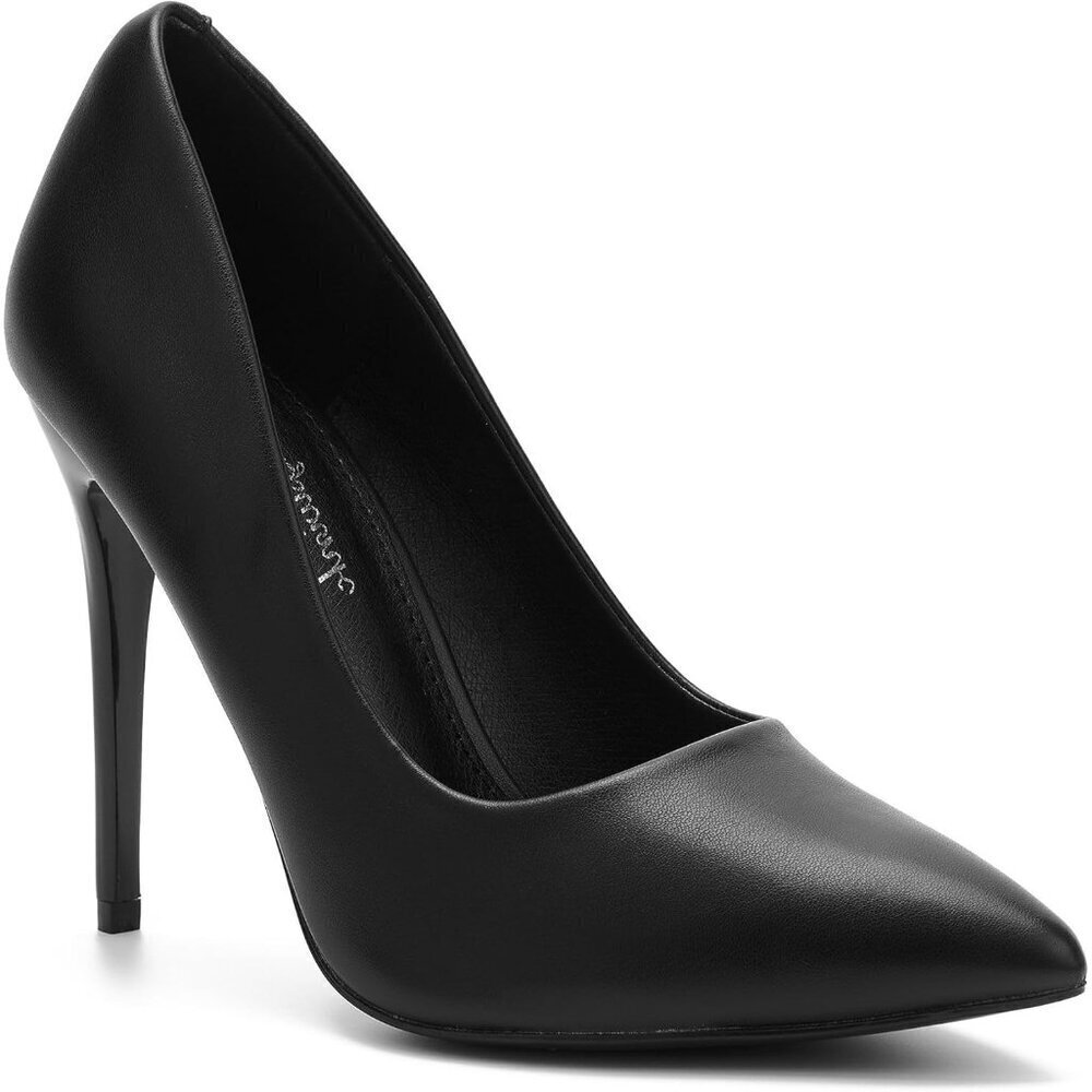Womens Pu Black Polyurethane (PU) Pointed Closed Toe Slip On Heels Leather Pumps